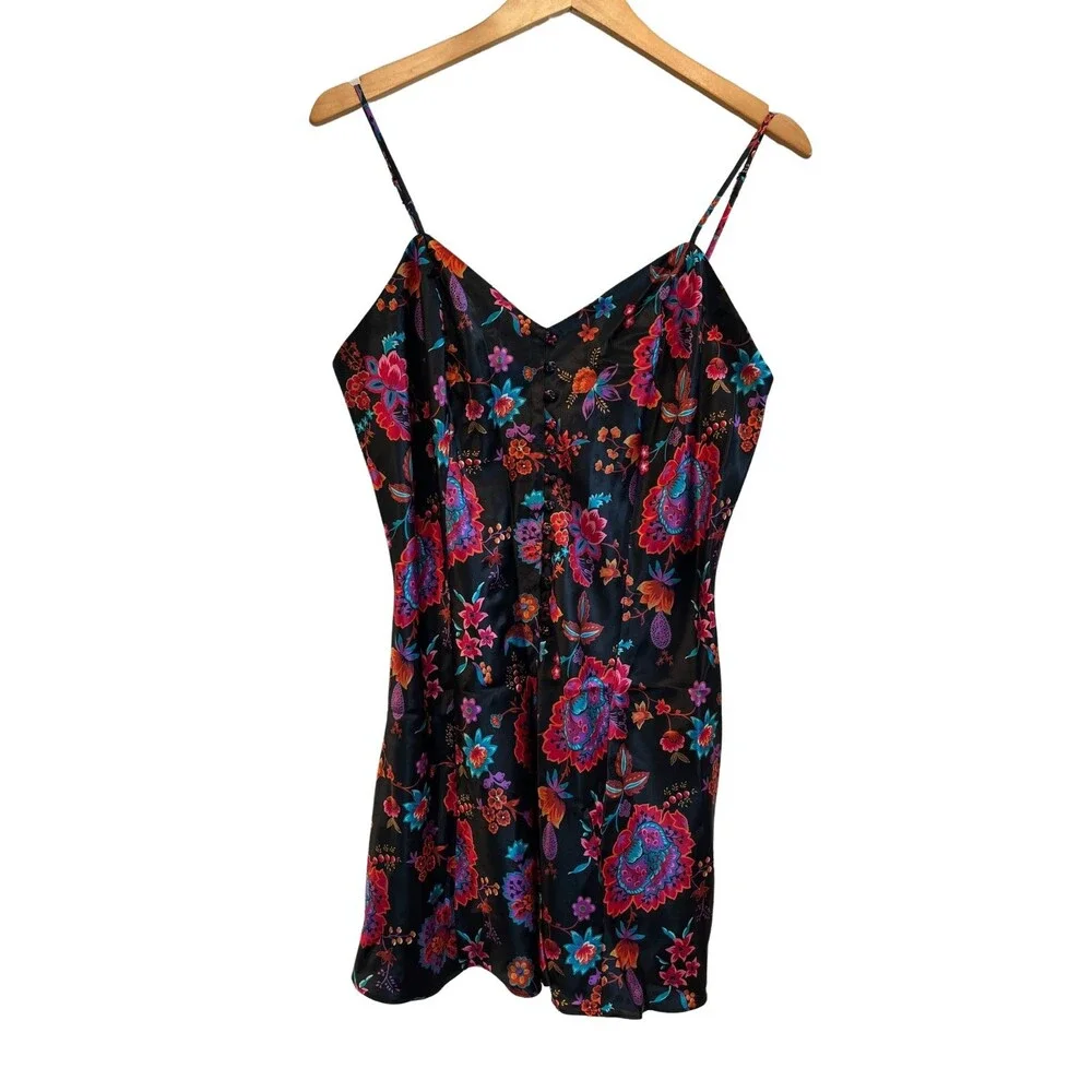 Vintage 90s Cacique Lingerie Negligee Romper Black‎ Floral Sleepwear Sexy L